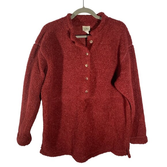 L.L.Bean Womens Red wine Henley Button-Up Sherpa Fleece Pullover Sweatshirt  L - Picture 2 of 9